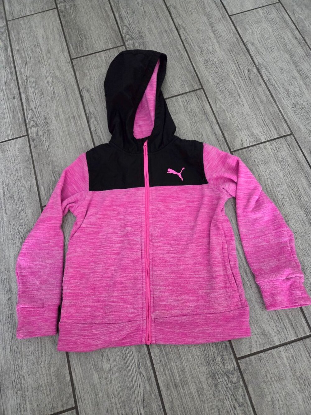 Puma Girls Pink Black Colorblock Full Zip Hoodie Jacket XS 5/6